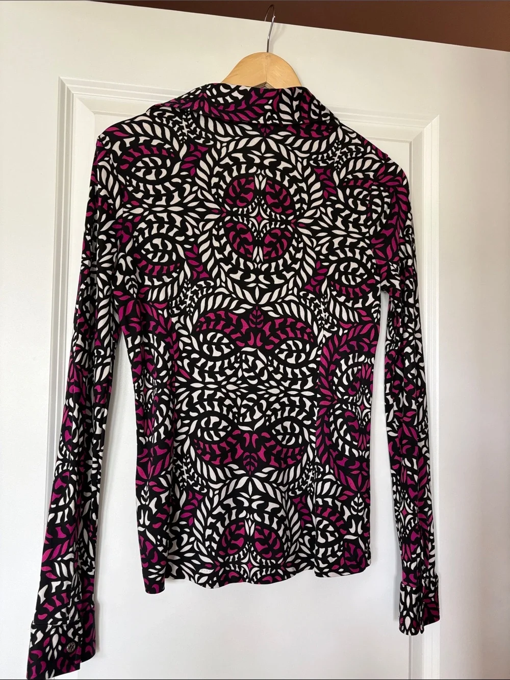 Tory Burch Black, White & Magenta Printed Button-Down Silk Shirt